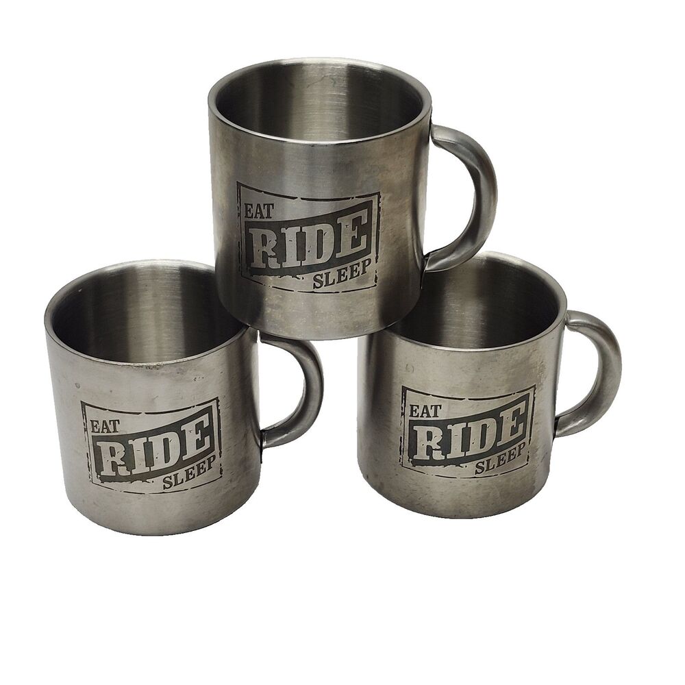 Vintage Marlboro Promo Eat Ride Sleep Stainless Steel Coffee Cups Lot of 3 Biker